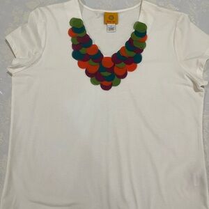 White Tee with Colorful Disc Accents size large